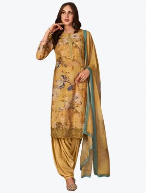 Golden Yellow Muslin Embroidered Designer Patiala Suit with Dupatta small FABSL21085