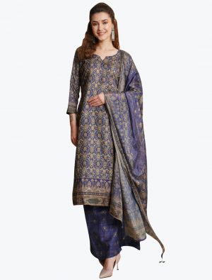 Navy Blue Tussar Silk Salwar Suit with Digital Printed Dupatta small FABSL21057