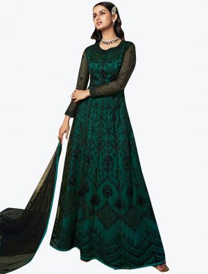 Bottle Green Net Designer Anarkali Floor Length Suit small FABSL21123