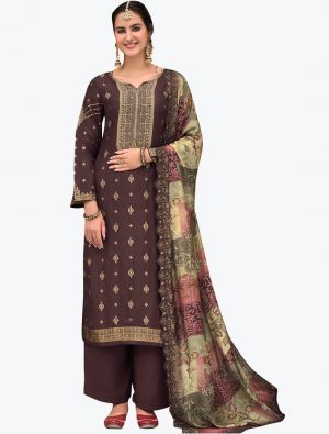 Brown Pure Silk Jacquard Designer Palazzo Suit with Dupatta small FABSL21121