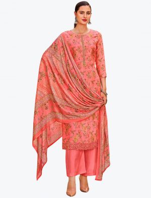 Peachy Pink Dola Silk Jacquard Embroidered Designer Palazzo Suit small FABSL21096