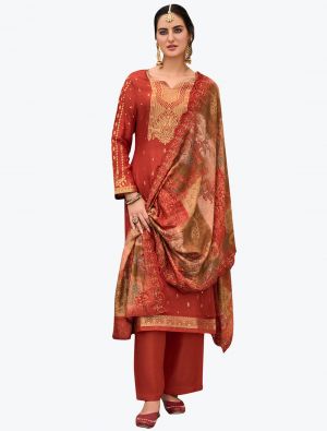 Rust Red Pure Silk Jacquard Designer Palazzo Suit with Dupatta small FABSL21119