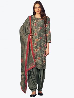 Deep Grey Muslin Digital Printed Embroidered Patiala Suit small FABSL21152