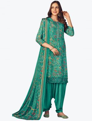 Teal Green Muslin Digital Printed Embroidered Patiala Suit small FABSL21157