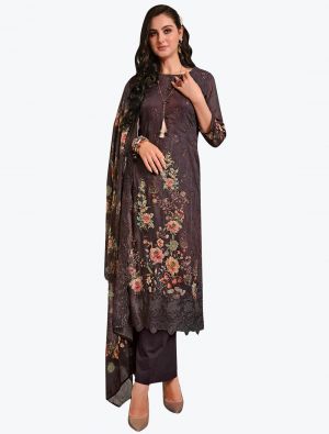 Brown Muslin Digital Printed Embroidered Salwar Suit small FABSL21254