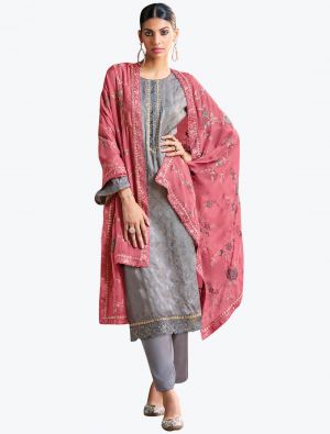 Grey Silk Jacquard Embroidered Salwar Suit small FABSL21218