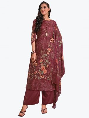 Maroon Muslin Digital Printed Embroidered Salwar Suit small FABSL21257