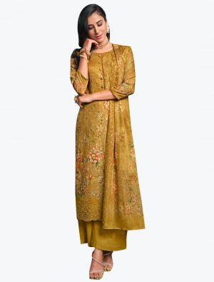 Mustard Muslin Digital Printed Embroidered Salwar Suit small FABSL21255