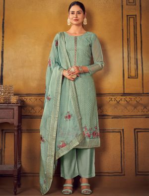 Green Uppada Silk Salwar Suit With Thread Work And Sequin small FABSL21292
