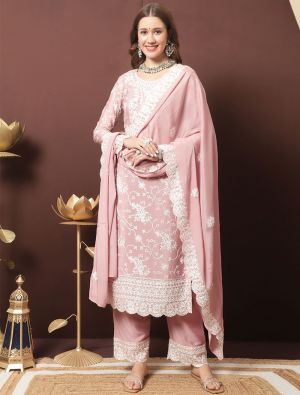 Baby Pink Chinon Chiffon Palazzo Suit With Resham Work small FABSL21375