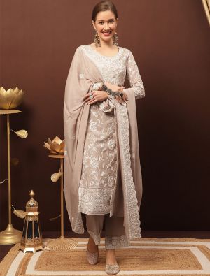 Beige Chinon Chiffon Palazzo Suit With Resham Work small FABSL21374