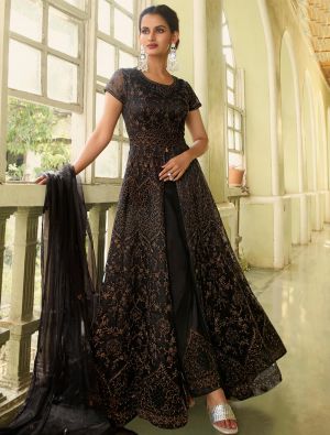 Black Net Semi Stitched Designer Gown Style Suit small FABSL21347