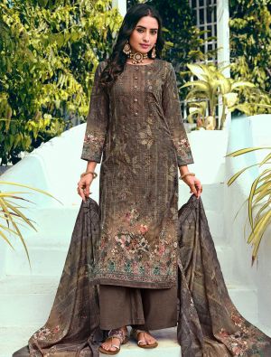 Brown Cotton Blend Palazzo Suit With Thread Work small FABSL21382