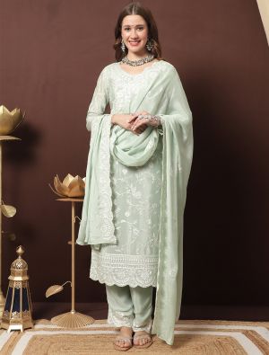 Ice Green Chinon Chiffon Palazzo Suit With Resham Work small FABSL21372