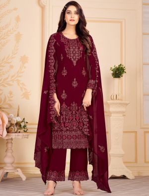 Maroon Georgette Palazzo Suit With Floral Cording small FABSL21353