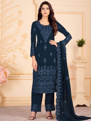 Navy Blue Georgette Palazzo Suit With Floral Cording small FABSL21351