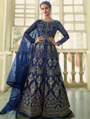 Navy Blue Net Semi Stitched Designer Gown Style Suit small FABSL21343