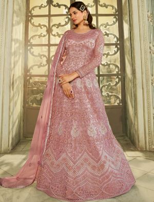 Pink Net Semi Stitched Designer Gown Style Suit small FABSL21348