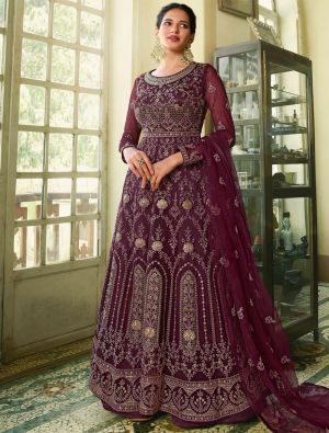 Wine Net Semi Stitched Designer Gown Style Suit small FABSL21345