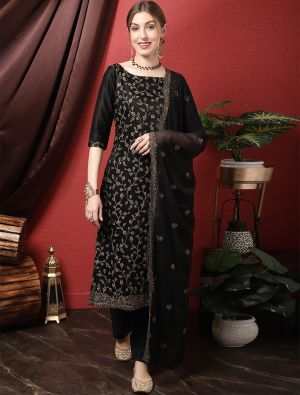 Black Cotton Blend Palazzo Suit With Resham Thread Work small FABSL21467