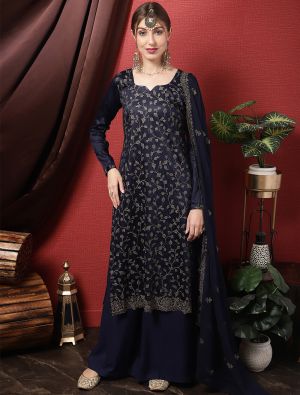 Navy Blue Cotton Blend Palazzo Suit With Resham Thread Work small FABSL21469