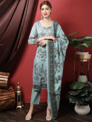 Turquoise Cotton Blend Digital Printed Palazzo Suit small FABSL21465