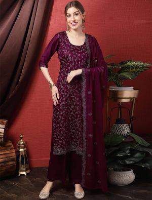 Wine Cotton Blend Palazzo Suit With Resham Thread Work small FABSL21466