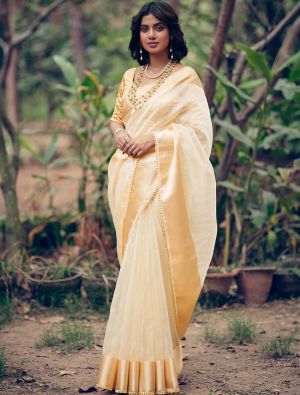Gold Organza Saree With Embroidered Satin Blouse