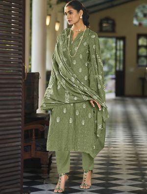 Olive Green Pure Cotton Salwar Kameez With Resham Work small FABSL21491
