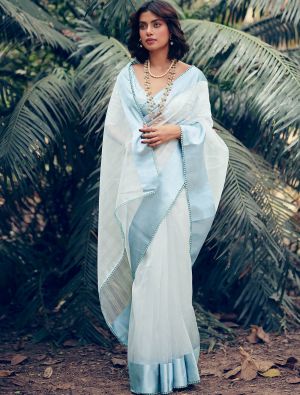 Sky Blue Organza Saree With Embroidered Satin Blouse