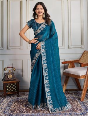 Teal Blue Burberry Silk Embroidered Saree With Swarovski