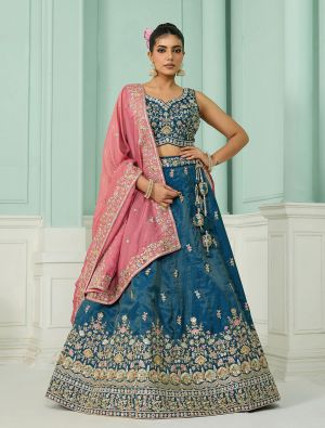 Teal Blue Cosmos Silk Embroidered Designer Lehenga Choli small FABLE20518