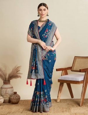 Teal Blue Cotton Saree With Table Print