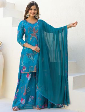 Teal Blue Imported Georgette Ready To Wear Palazzo Suit swatch FABSL22183