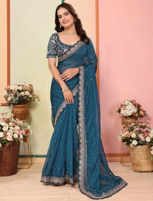 Teal Blue Organza Embroidered Saree