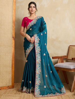 Teal Blue Poly Chiffon Embroidered Saree