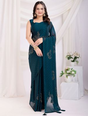 Teal Blue Rangoli Silk Ready To Wear Saree With Diamond Work