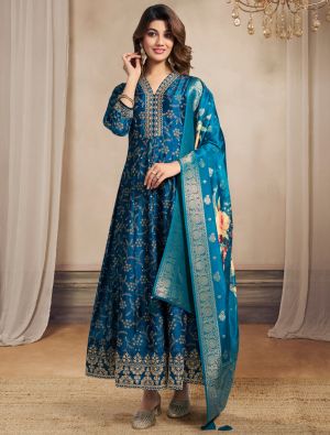 Teal Blue Silk Full Length Flared Readymade Salwar Kameez FABSL22043