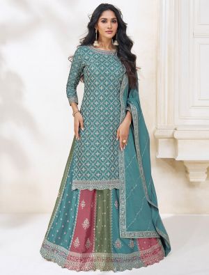 Teal Chinon Semi Stitched Embroidered Lehenga Suit small FABSL21750
