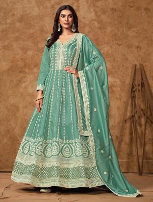 Teal Dola Silk Semi Stitched Elegant Anarkali Suit small FABSL22112