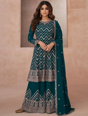 Teal Georgette Semi Stitched Embroidered Palazzo Suit small FABSL21622