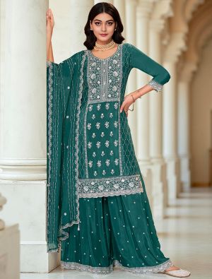 Teal Green Chinon Embroidered Ready To Wear Palazzo Suit FABSL22253