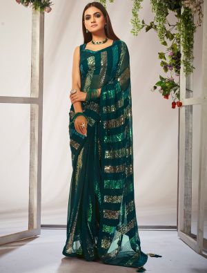 Teal Green Georgette Party Wear Saree With Sequins