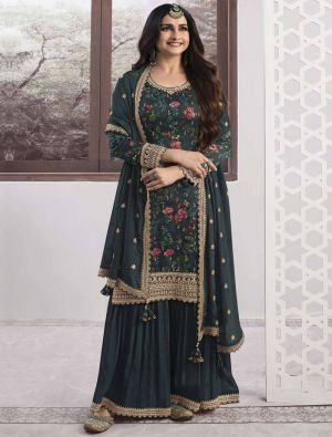 Teal Green Georgette Semi Stitched Designer Sharara Suit small FABSL21694