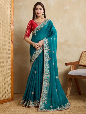 Teal Green Poly Chiffon Embroidered Saree