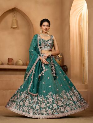 Teal Green Tissue Embroidered Designer Lehenga Choli small FABLE20514