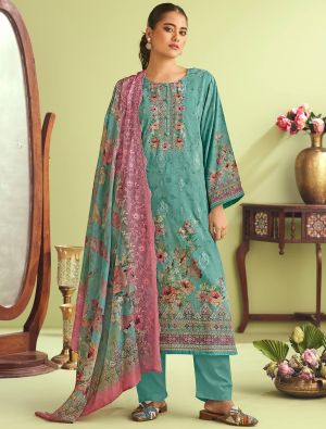Teal Muslin Embroidered Ready To Wear Salwar Kameez FABSL22240