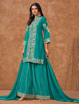 Turquoise Chinon Semi Stitched Palazzo Suit small FABSL22129