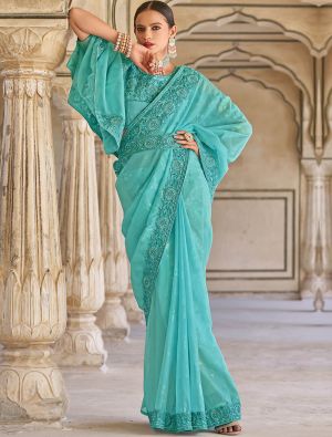 Turquoise Fancy Embroidered Saree With Moti Work