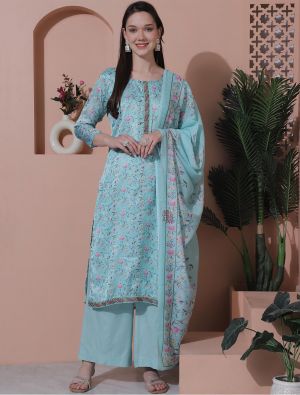 Turquoise Satin Digital Printed Salwar Suit small FABSL21829